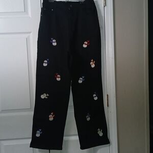 Quacker Factory black snowmen black wide leg jeans winter   Sz Large (14/16) NWT